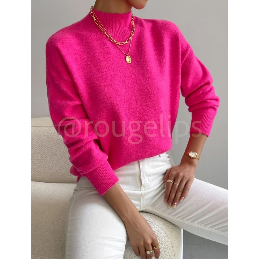 Hot Pink Turtleneck Knit Pullover Sweater Long SLeeve